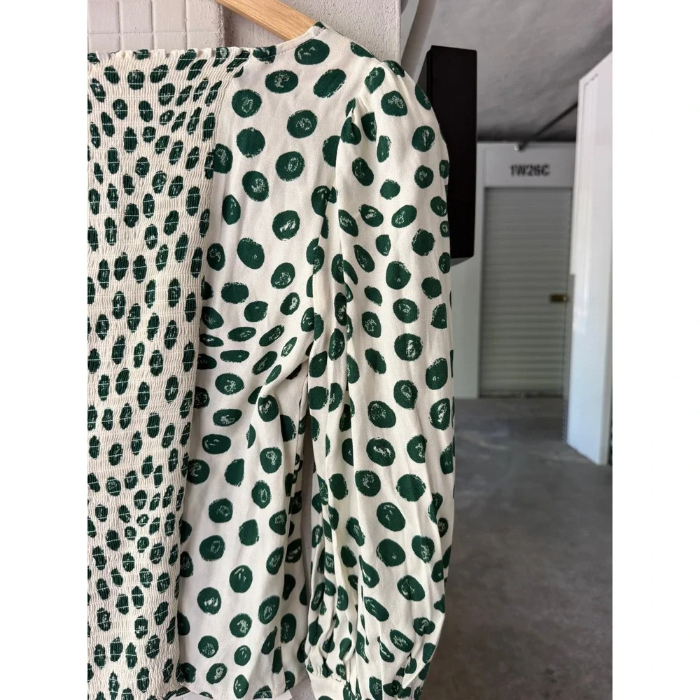 Reformation Calla Blouse in Tapioca Blouse 10 Ivory Green Polka Dot Puff Sleeve